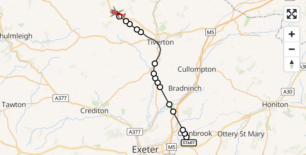 Flight route Air Ambulance Helicopter Exeter International Airport - Rackenford, 30 July 2026, 09:13