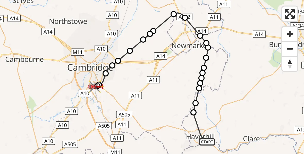 Flight route Air Ambulance Helicopter Haverhill - Papworth Hospital, 30 July 2026, 09:13