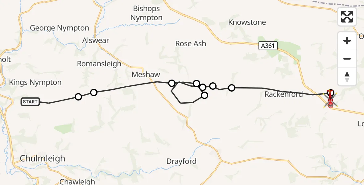 Flight route Air Ambulance Helicopter Kings Nympton - Mid Devon, 30 July 2026, 09:18