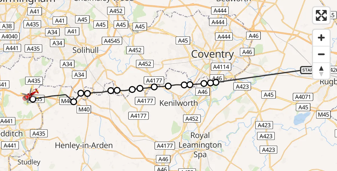 Flight route Air Ambulance Helicopter Rugby - Bromsgrove, 30 July 2026, 09:23