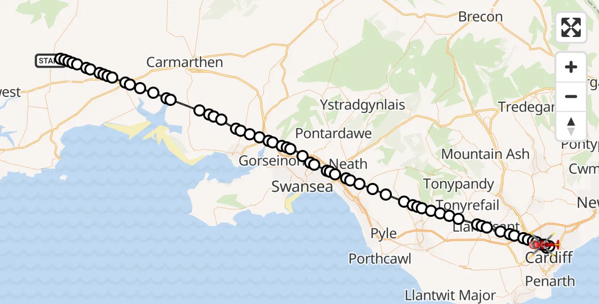 Flight route Air Ambulance Helicopter Llandissilio - Gabalfa, 30 July 2026, 09:34