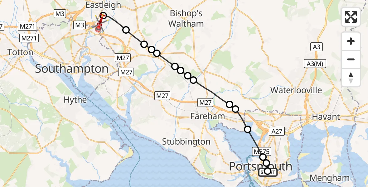 Flight route Air Ambulance Helicopter Somers Town - Southampton Airport, 30 July 2026, 09:40