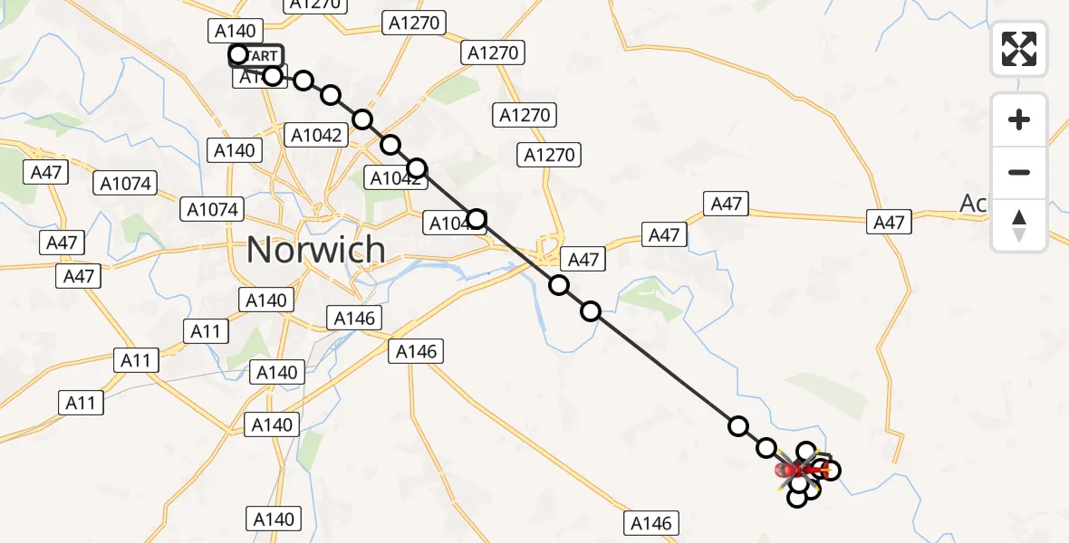 Flight route Air Ambulance Helicopter Norwich Airport - Langley Street, 30 July 2026, 09:43