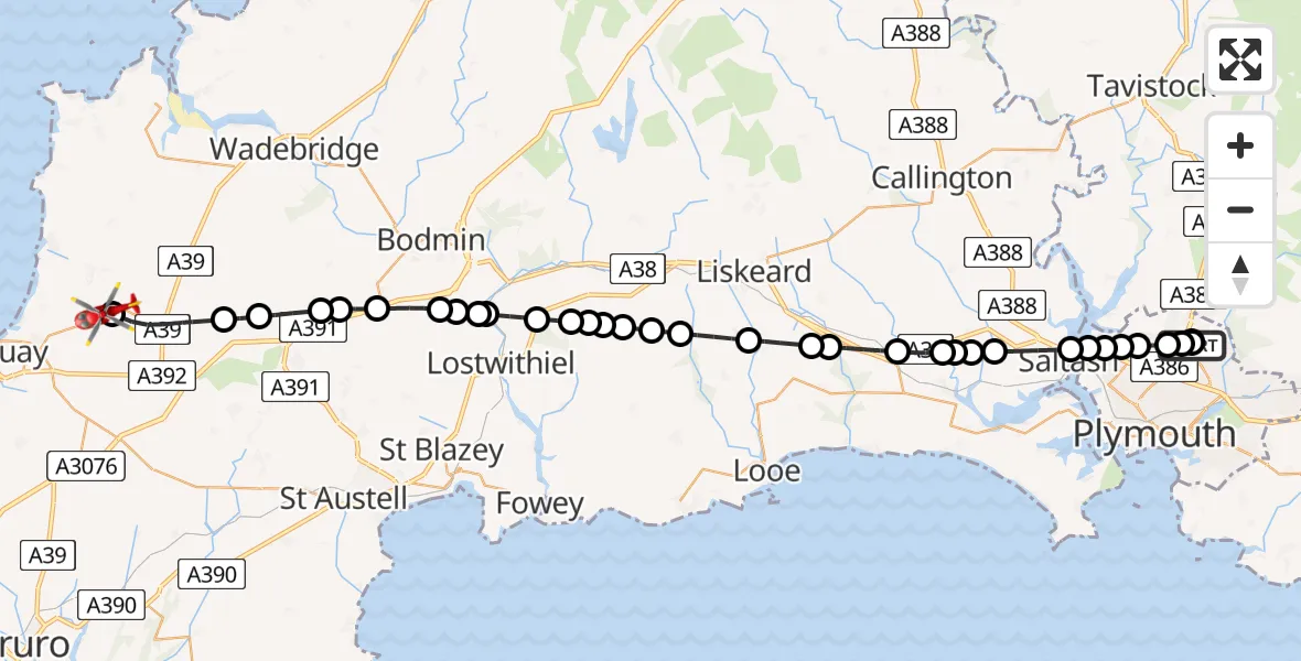 Flight route Air Ambulance Helicopter Derriford Hospital - Cornwall Airport Newquay, 30 July 2026, 09:49