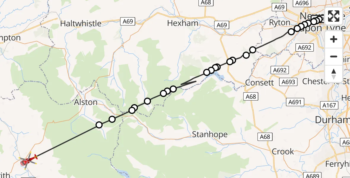 Flight route Air Ambulance Helicopter Newcastle Royal Victoria Infirmary - Melmerby, 30 July 2026, 09:55