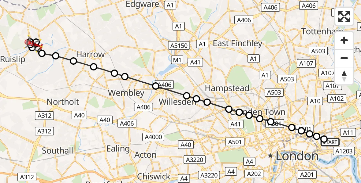 Flight route Air Ambulance Helicopter Royal London Hospital - Hillingdon, 30 July 2026, 10:12