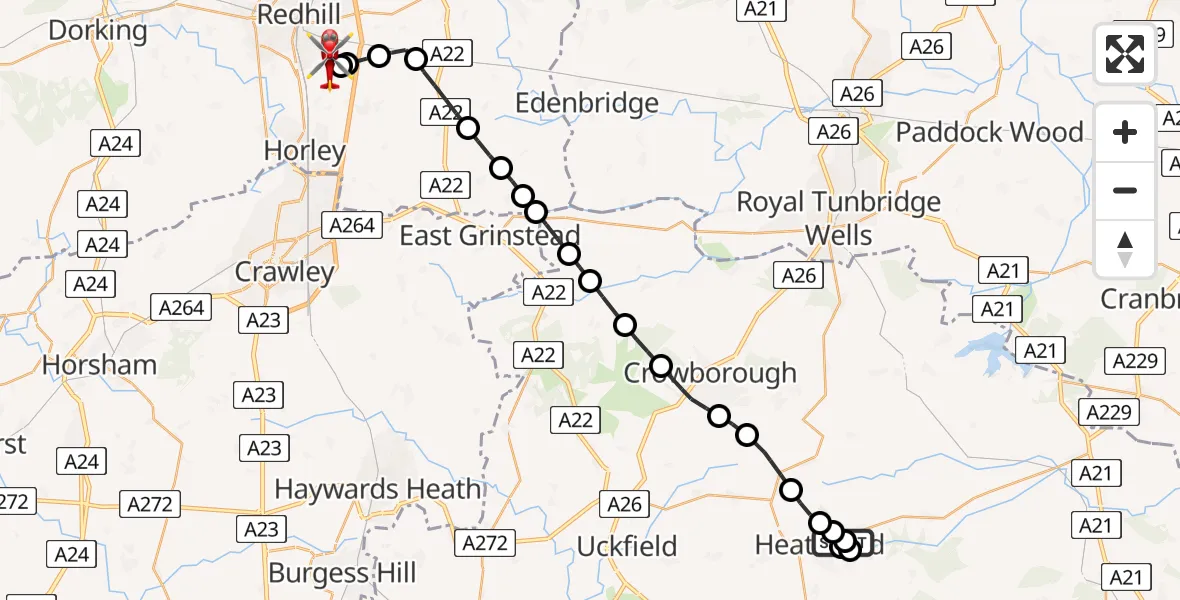 Flight route Air Ambulance Helicopter Heathfield - Redhill Aerodrome, 30 July 2026, 10:13