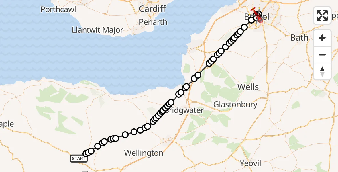 Flight route Air Ambulance Helicopter Mid Devon - Bristol Royal Infirmary, 30 July 2026, 10:24