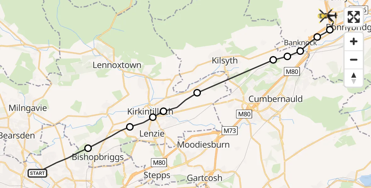 Flight route Police Helicopter Glasgow - Denny, 30 July 2026, 10:27