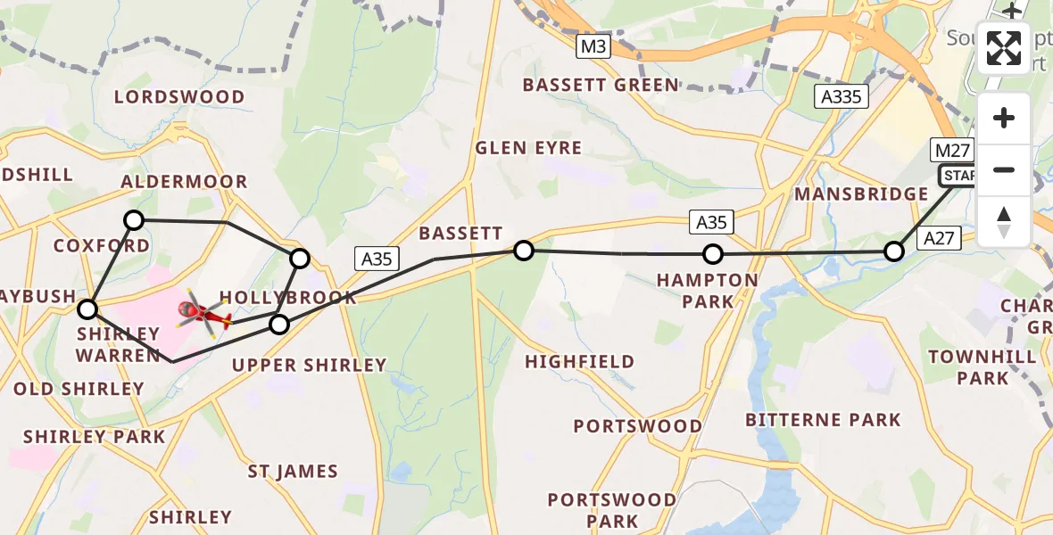 Flight route Air Ambulance Helicopter Southampton Airport - University Hospital Southampton, 30 July 2026, 10:28