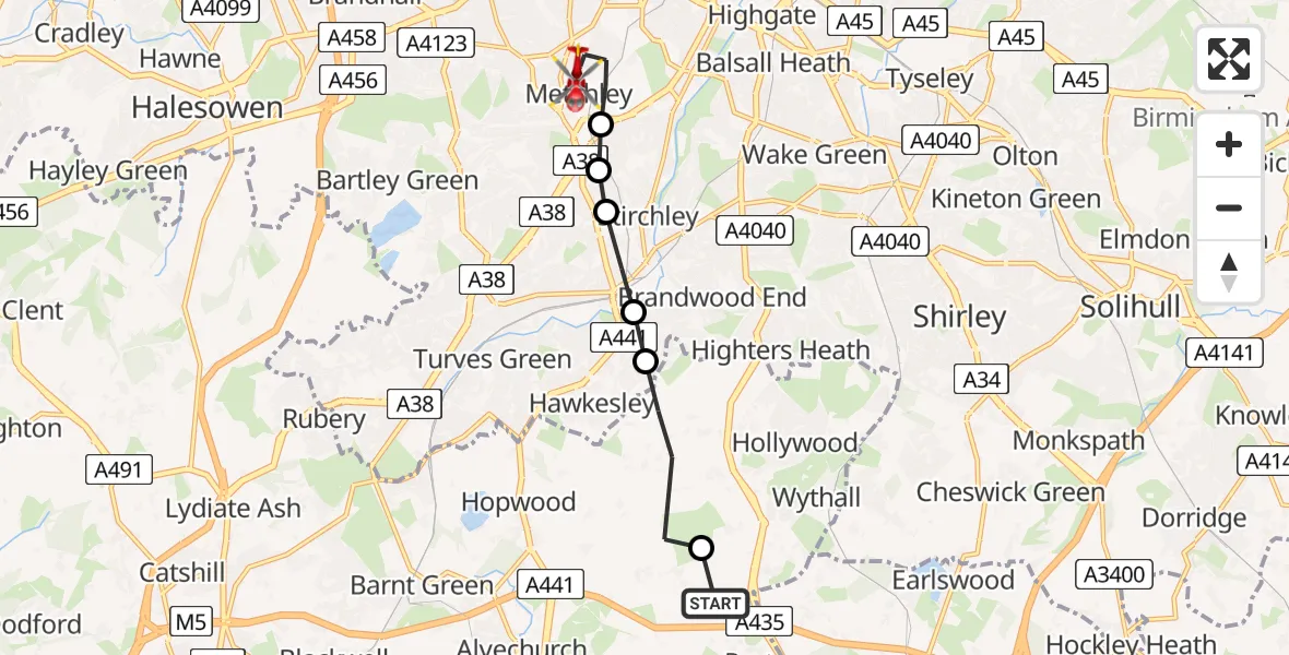 Flight route Air Ambulance Helicopter Bromsgrove - Metchley, 30 July 2026, 10:30