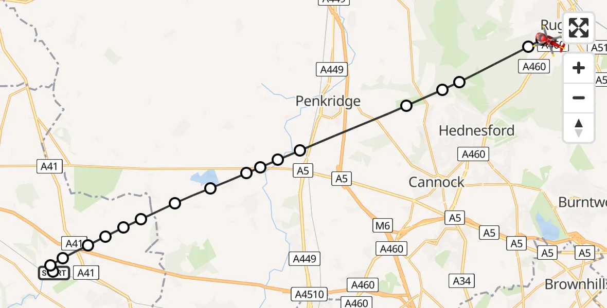 Flight route Air Ambulance Helicopter RAF Cosford - Rugeley, 30 July 2026, 10:36