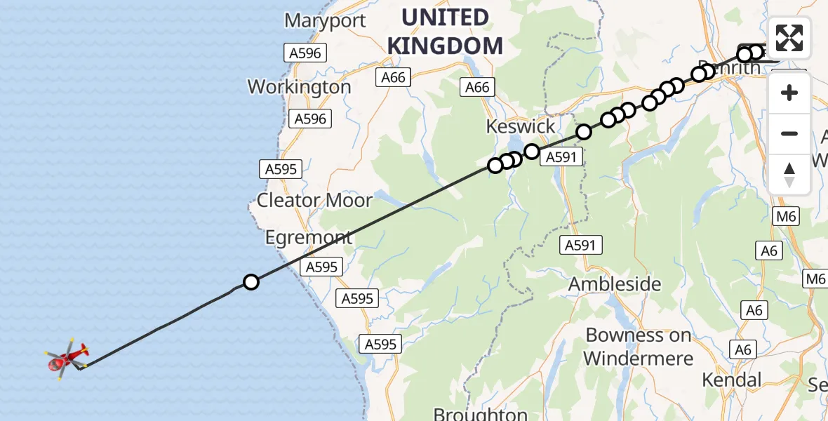 Flight route Air Ambulance Helicopter Edenhall - Irish Sea, 30 July 2026, 10:37