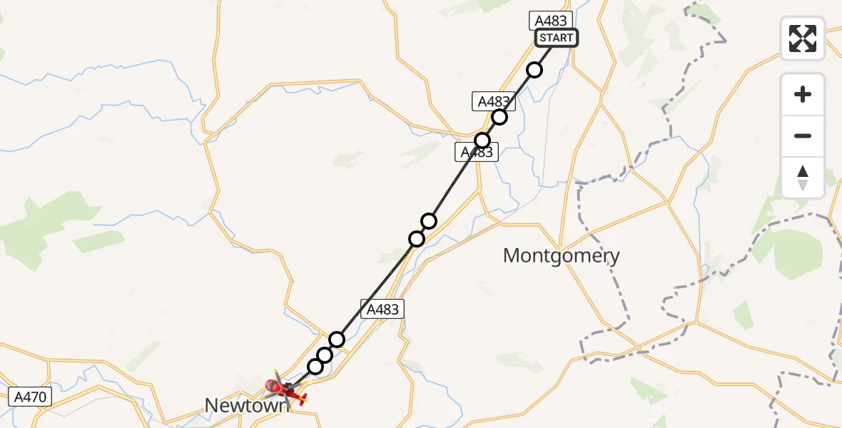 Flight route Air Ambulance Helicopter Welshpool Airport - Newtown, 30 July 2026, 10:45