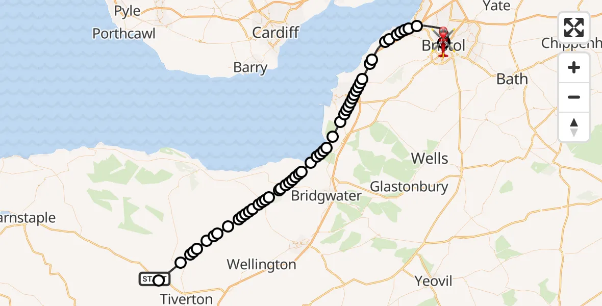 Flight route Air Ambulance Helicopter Rackenford - Bristol Children's Hospital, 30 July 2026, 10:46