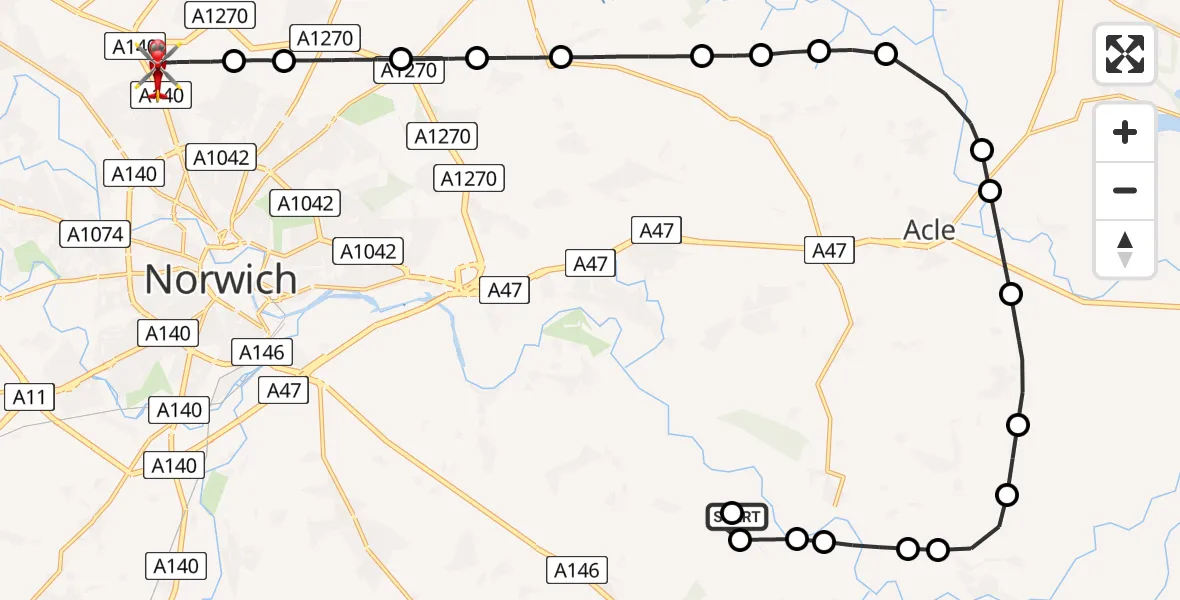 Flight route Air Ambulance Helicopter Langley Street - Norwich Airport, 30 July 2026, 10:51