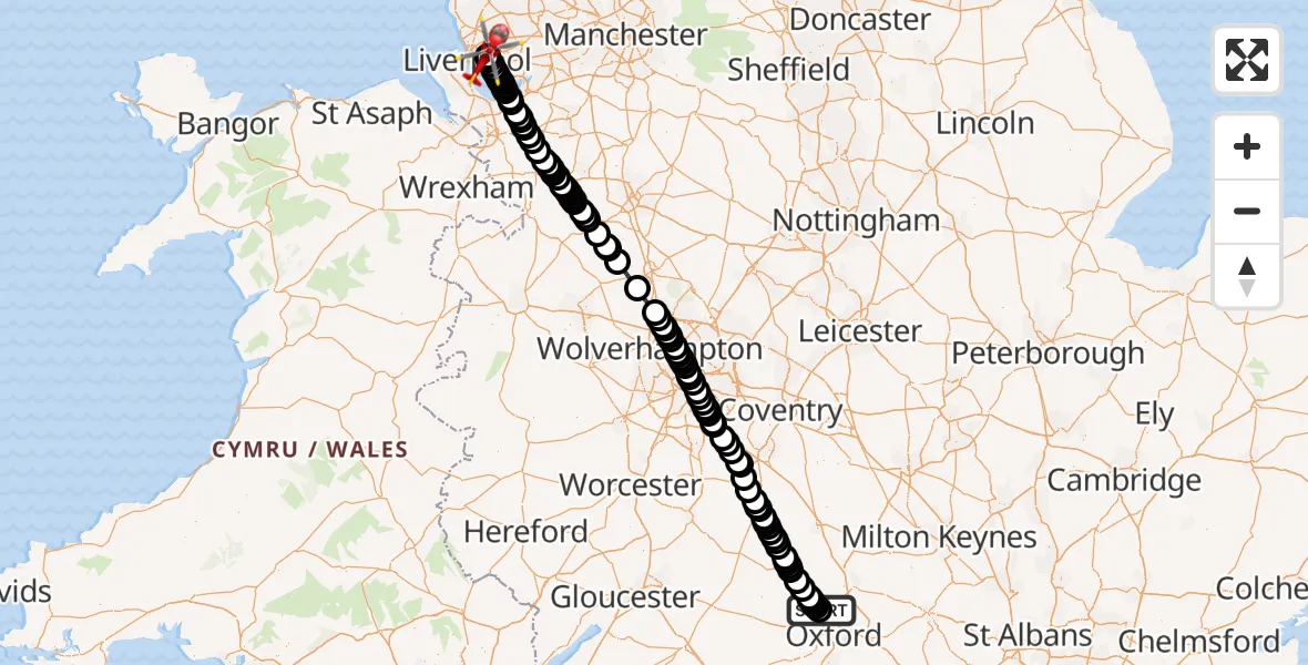 Flight route Air Ambulance Helicopter London Oxford Airport - Knotty Ash, 30 July 2026, 10:57