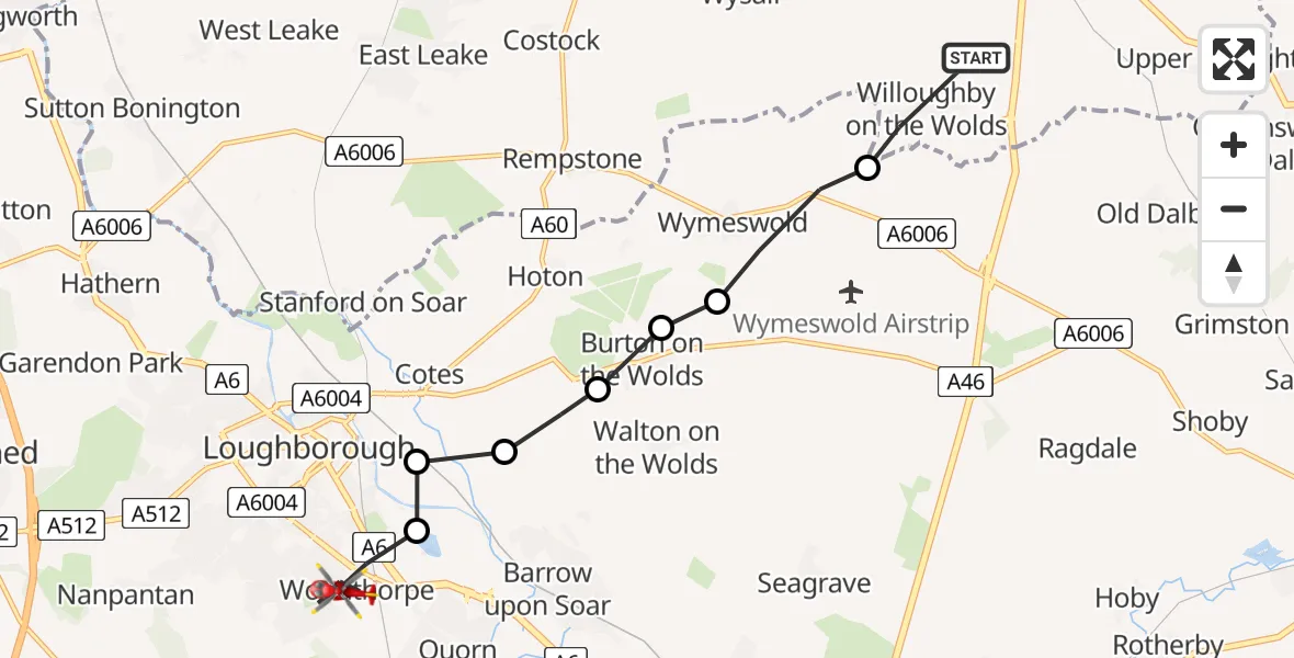 Flight route Air Ambulance Helicopter Willoughby on the Wolds - Woodthorpe, 30 July 2026, 11:00