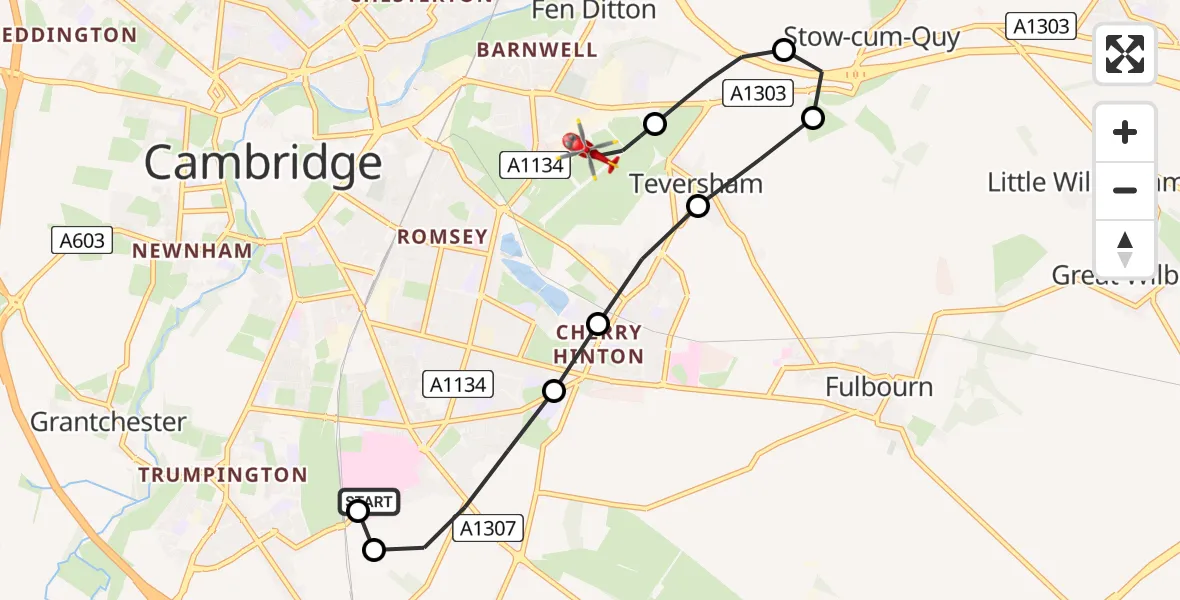 Flight route Air Ambulance Helicopter Papworth Hospital - Cambridge City Airport, 30 July 2026, 11:00