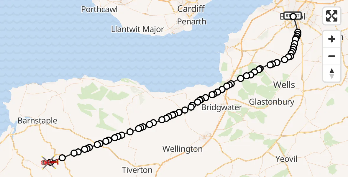 Flight route Air Ambulance Helicopter Bristol Royal Infirmary - Eaglescott Airfield, 30 July 2026, 11:02