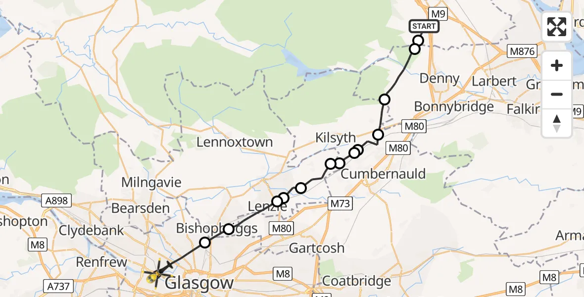Flight route Police Helicopter Stirling - Glasgow, 30 July 2026, 11:05