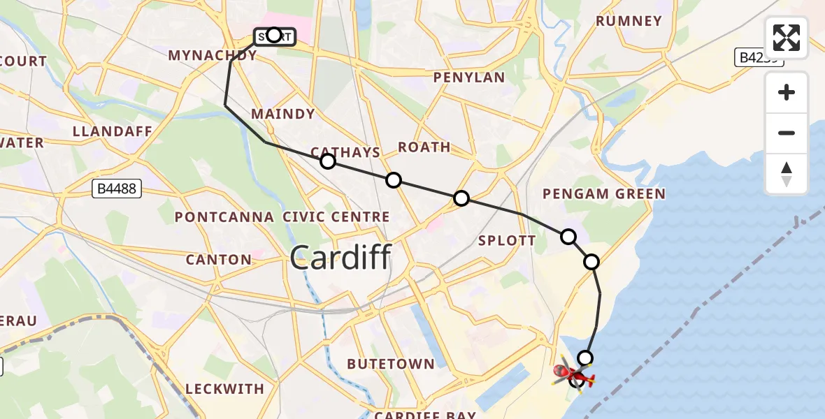 Flight route Air Ambulance Helicopter Birchgrove - Cardiff Heliport, 30 July 2026, 11:05