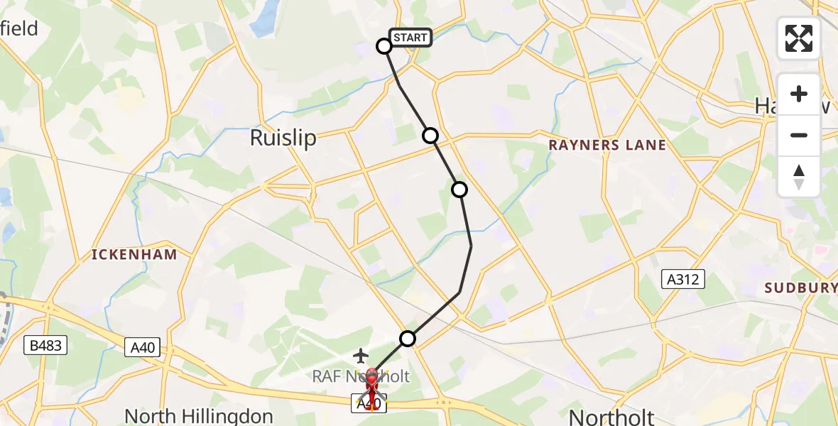 Flight route Air Ambulance Helicopter Hillingdon - RAF Northolt, 30 July 2026, 11:13