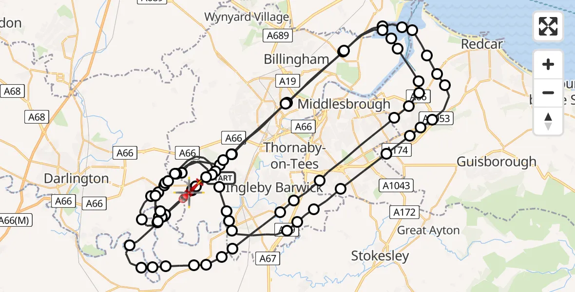 Flight route Air Ambulance Helicopter Egglescliffe - Teesside International Airport, 30 July 2026, 11:18