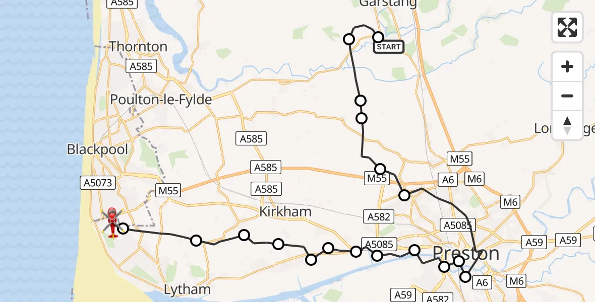 Flight route Air Ambulance Helicopter Catterall - Blackpool Airport, 30 July 2026, 11:23