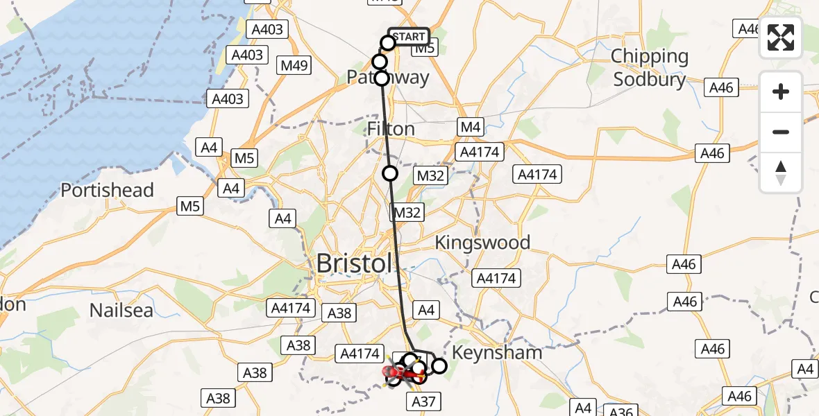 Flight route Air Ambulance Helicopter Almondsbury Helicopter Base - Whitchurch, 30 July 2026, 11:25