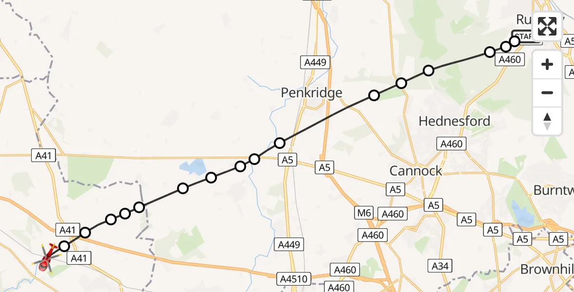 Flight route Air Ambulance Helicopter Rugeley - Cosford, 30 July 2026, 11:28