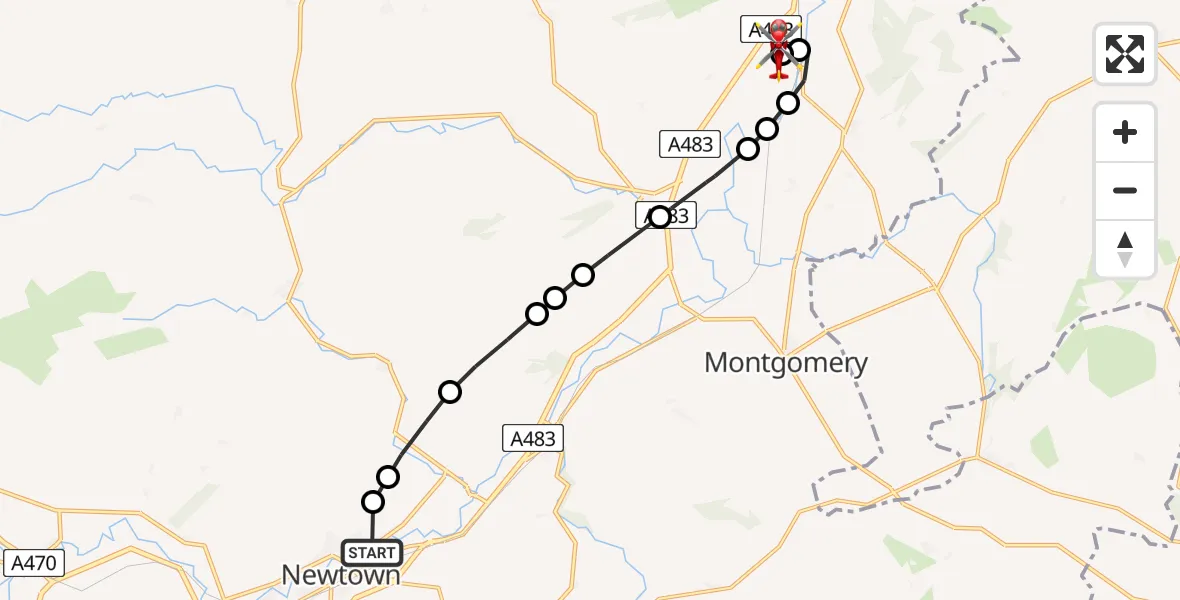Flight route Air Ambulance Helicopter Newtown - Welshpool Airport, 30 July 2026, 11:32