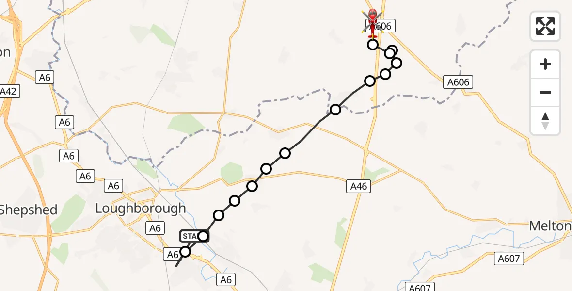 Flight route Air Ambulance Helicopter Quorn - Widmerpool, 30 July 2026, 11:39