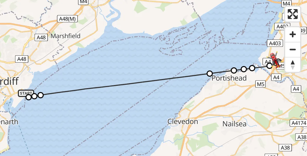 Flight route Air Ambulance Helicopter Cardiff Heliport - Bristol, 30 July 2026, 11:41