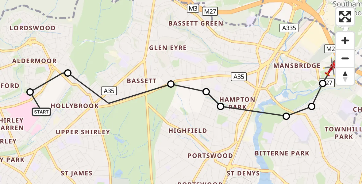 Flight route Air Ambulance Helicopter University Hospital Southampton - Mansbridge, 30 July 2026, 11:44
