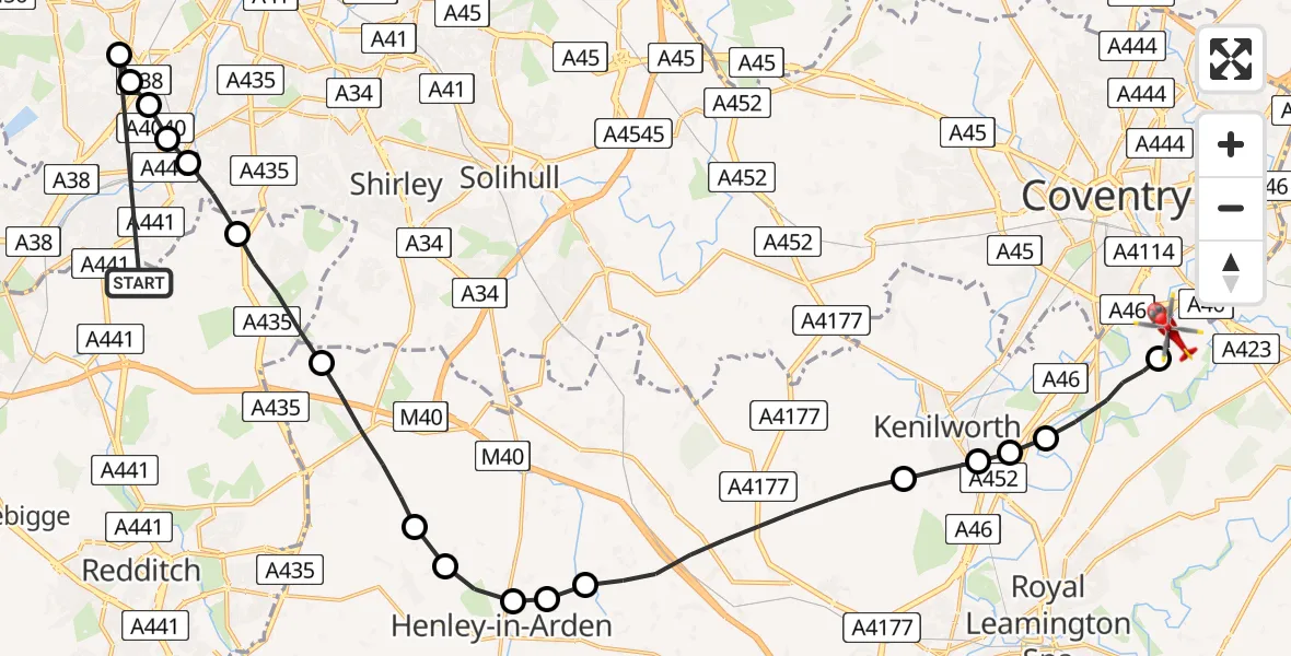 Flight route Air Ambulance Helicopter Bromsgrove - Coventry Airport, 30 July 2026, 11:50