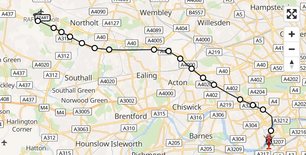Flight route Air Ambulance Helicopter RAF Northolt - London Heliport, 30 July 2026, 12:07