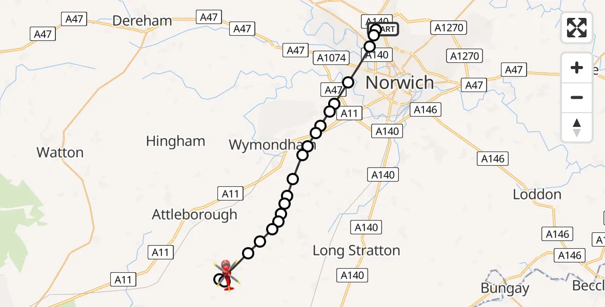 Flight route Air Ambulance Helicopter Norwich Airport - New Buckenham, 30 July 2026, 12:12