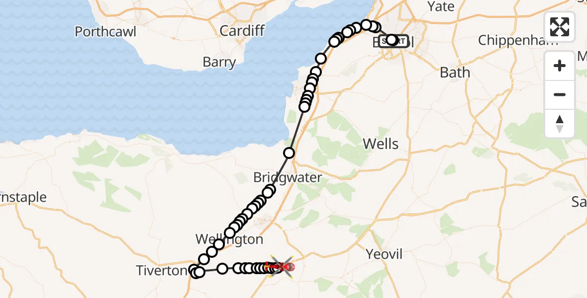 Flight route Air Ambulance Helicopter Bristol Royal Infirmary - Buckland St Mary, 30 July 2026, 12:14