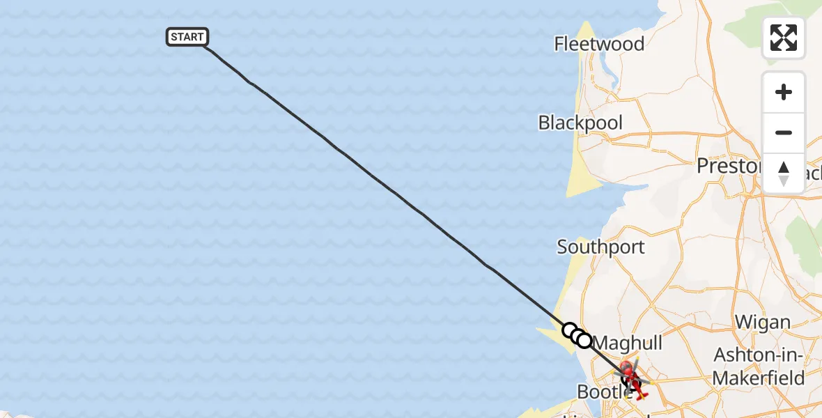 Flight route Air Ambulance Helicopter Irish Sea - Aintree University Hospital Heliport, 30 July 2026, 12:15