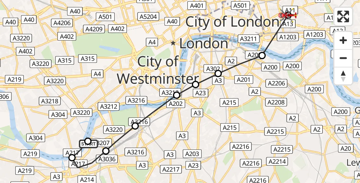 Flight route Air Ambulance Helicopter London Heliport - Royal London Hospital, 30 July 2026, 12:21