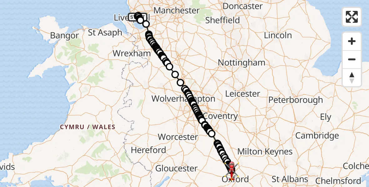 Flight route Air Ambulance Helicopter Knotty Ash - London Oxford Airport, 30 July 2026, 12:21