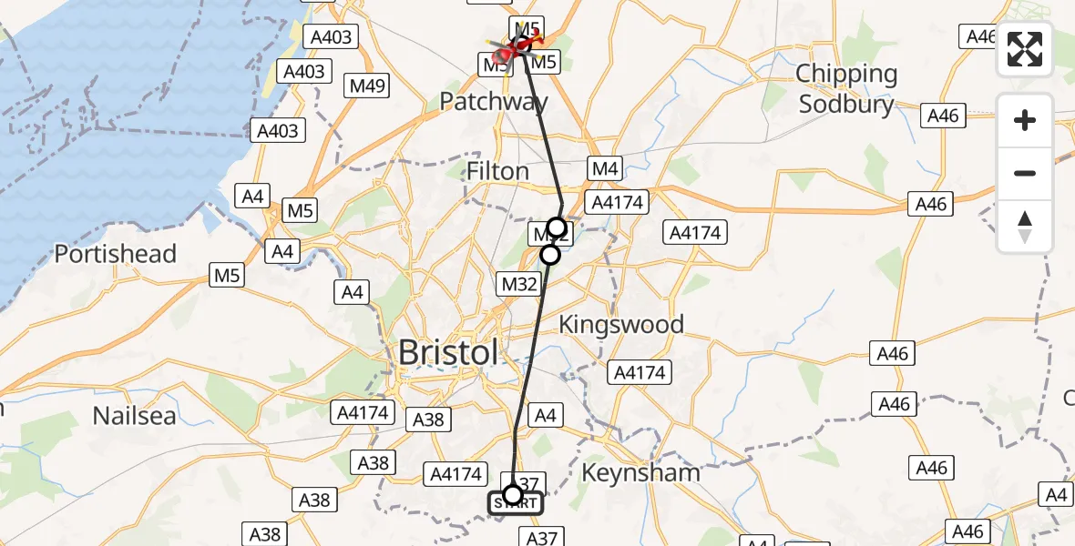 Flight route Air Ambulance Helicopter Whitchurch - Almondsbury Helicopter Base, 30 July 2026, 12:24