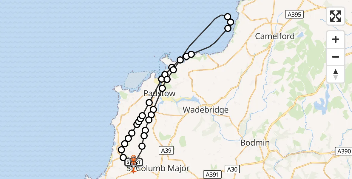 Flight route Coastguard Helicopter Cornwall Airport Newquay - Cornwall Airport Newquay, 30 July 2026, 12:30