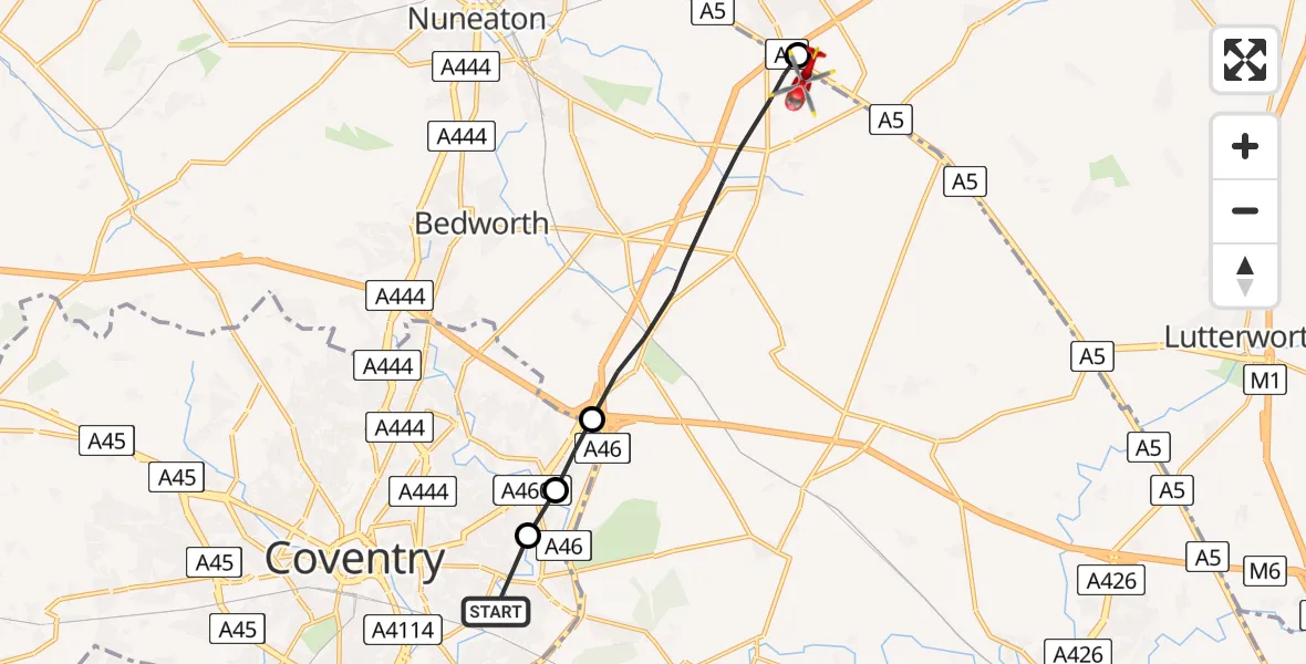 Flight route Air Ambulance Helicopter Ernesford Grange - Stretton Baskerville, 30 July 2026, 12:33