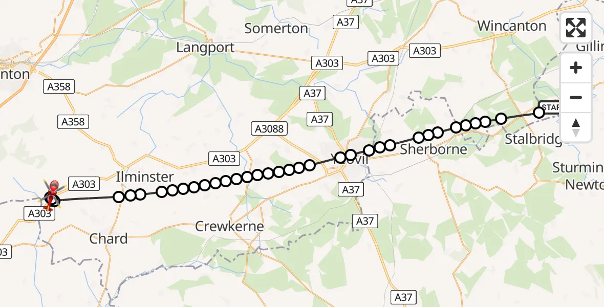 Flight route Air Ambulance Helicopter Henstridge Airfield - Buckland St Mary, 30 July 2026, 12:34
