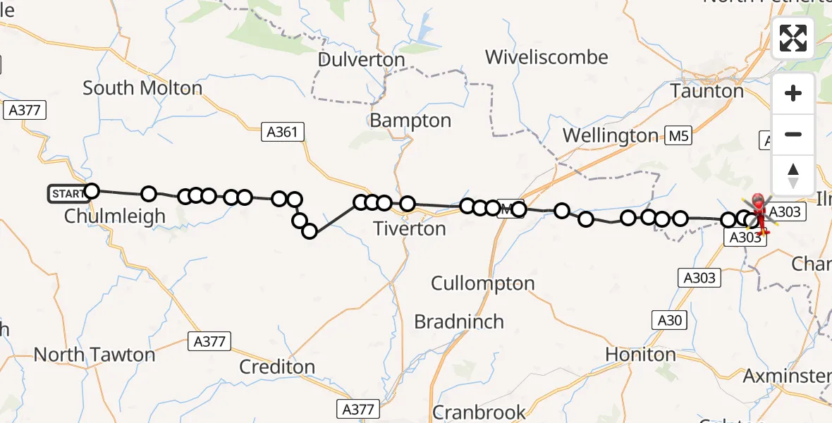 Flight route Air Ambulance Helicopter Burrington - Buckland St Mary, 30 July 2026, 12:41