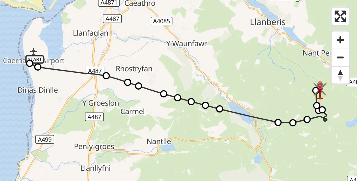 Flight route Air Ambulance Helicopter Caernarfon Airport - Llanberis, 30 July 2026, 12:50