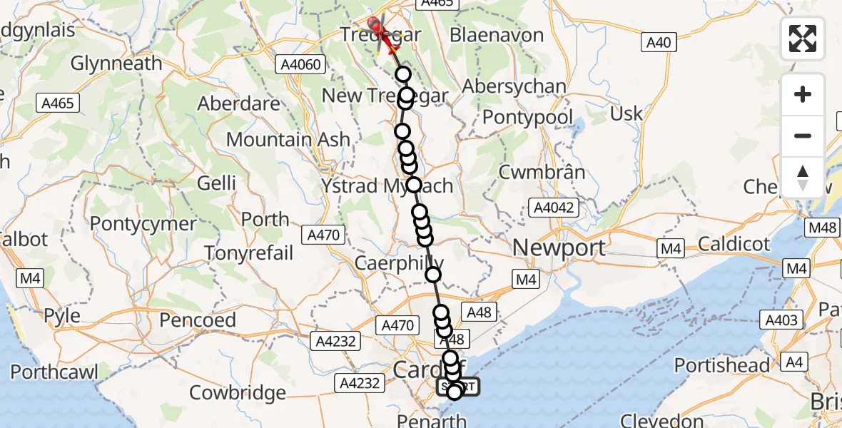 Flight route Air Ambulance Helicopter Cardiff Heliport - Tredegar, 30 July 2026, 12:51