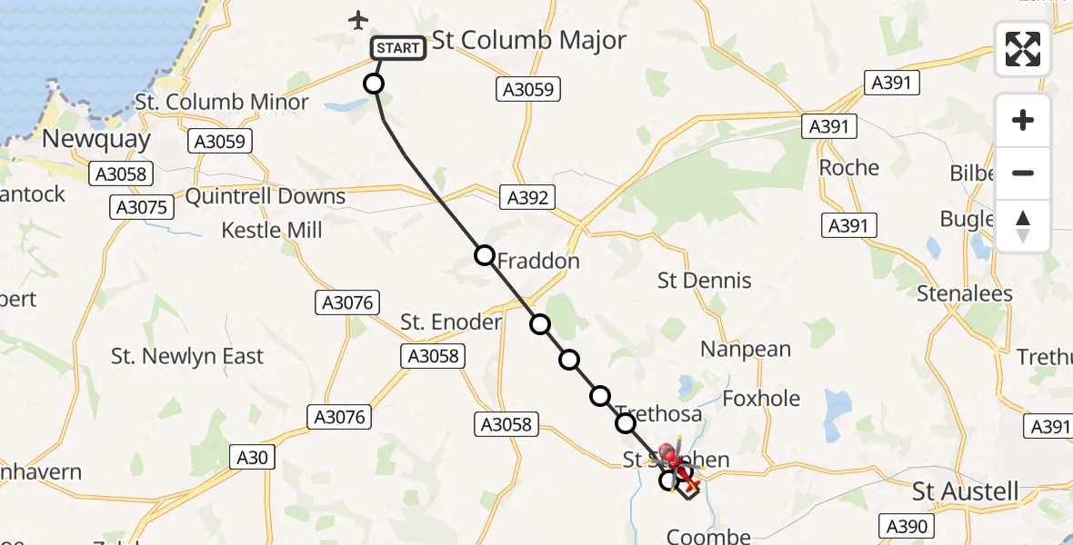 Flight route Air Ambulance Helicopter Cornwall Airport Newquay - Trethosa, 30 July 2026, 12:54